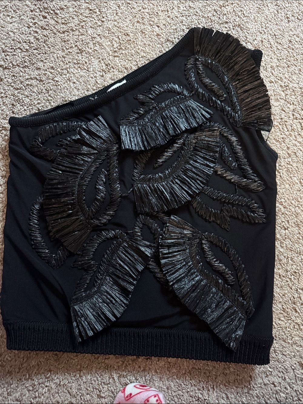 MaxMara Black One-Shoulder Fringe Appliqué Top
